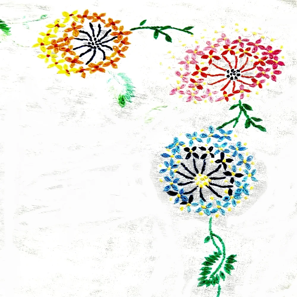 Vintage Embroidered Linen Tablecloth Spring & Summer Flowers Handmade 60 X 48